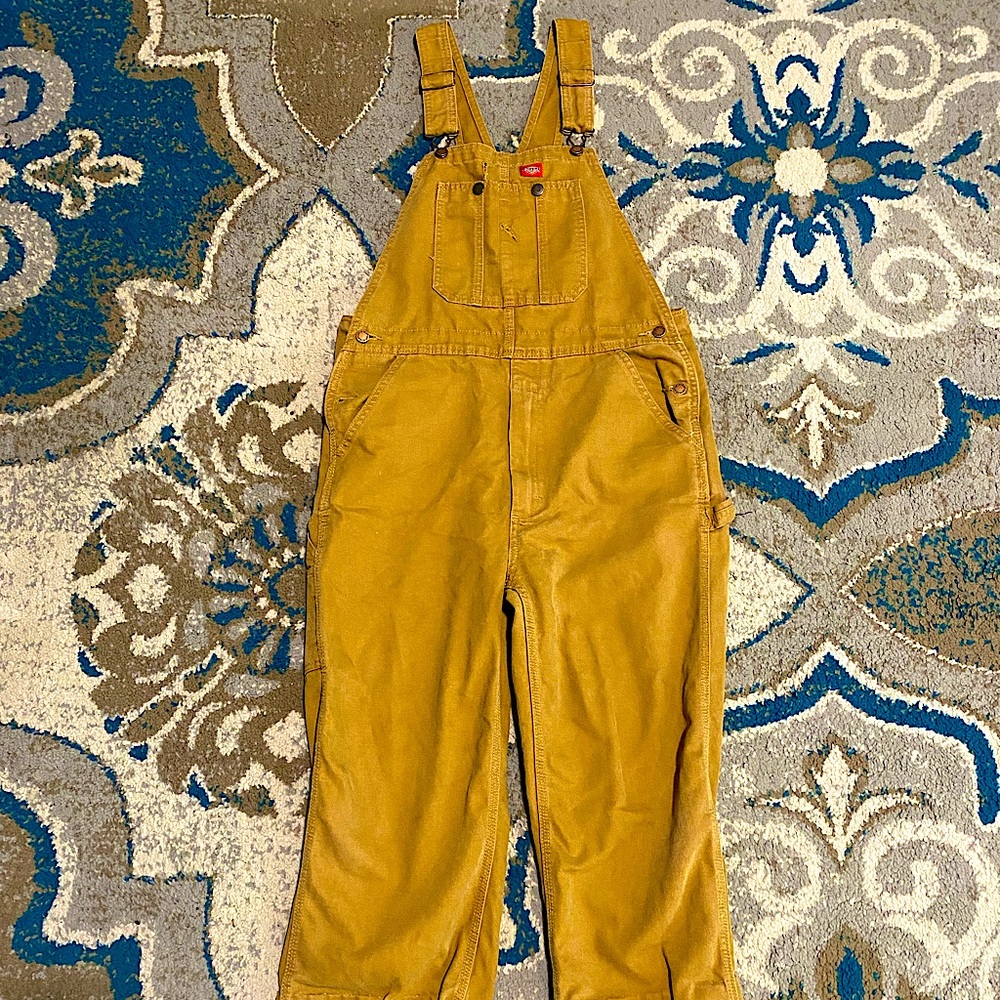 Dickies Cropped Overalls in Tan Fits Women’s M
